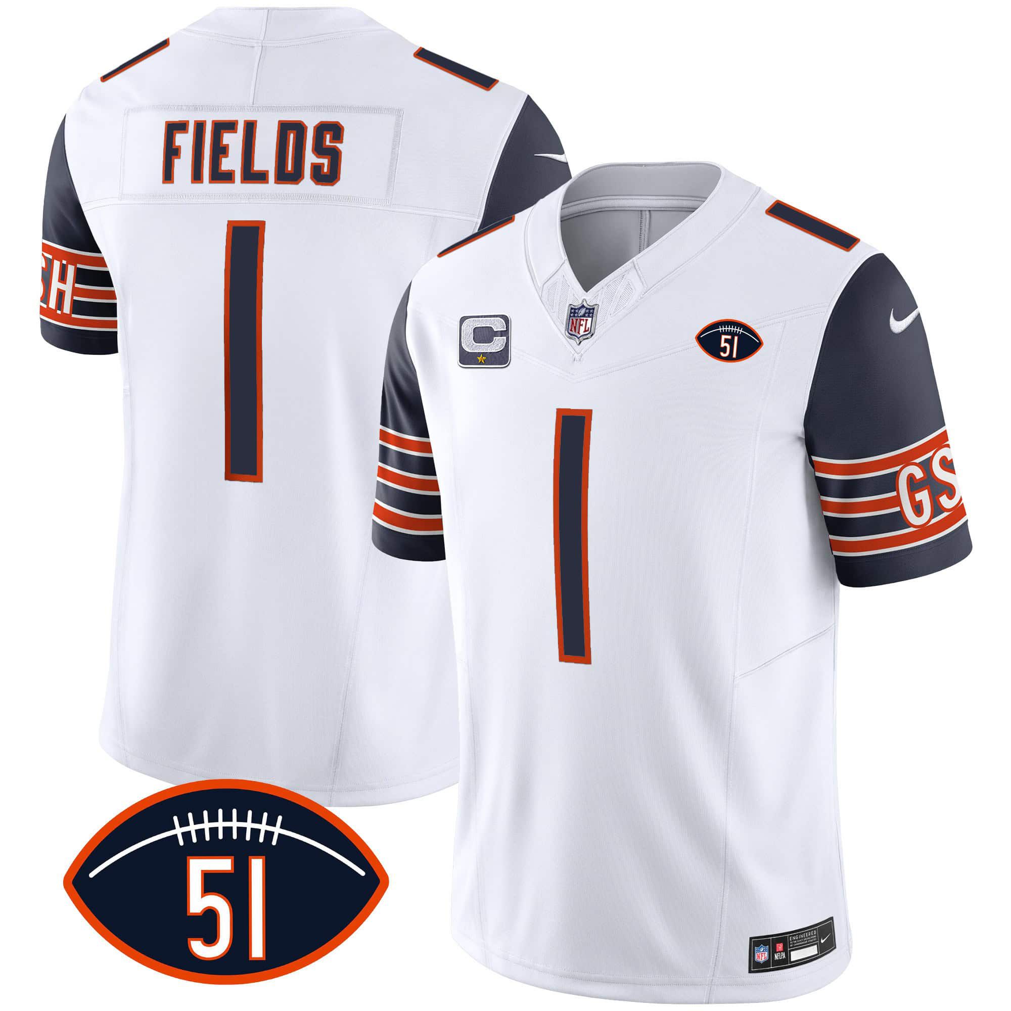 Men Chicago Bears #1 Fields White 2024 Nike Patch GSH Vapor NFL Jersey style 1